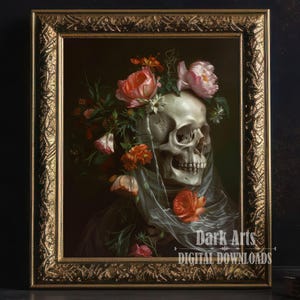Floral Skull Art Print, Gothic Skeleton Decor, Dark Academia Aesthetic, Victorian Skull with Flowers, Surreal Skull Art, Digital Download