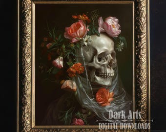 Floral Skull Gothic Art Print, Dark Academia Decor (Digital Download)