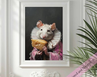 May include: A white mouse wearing a pink and white ruffled collar holds a wedge of yellow cheese in its paws. The mouse is depicted in a painting style, with a dark background.