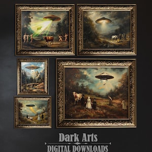 UFO Abduction Vintage Landscape Print Set: Humorous Sci-Fi Art (Digital Download)