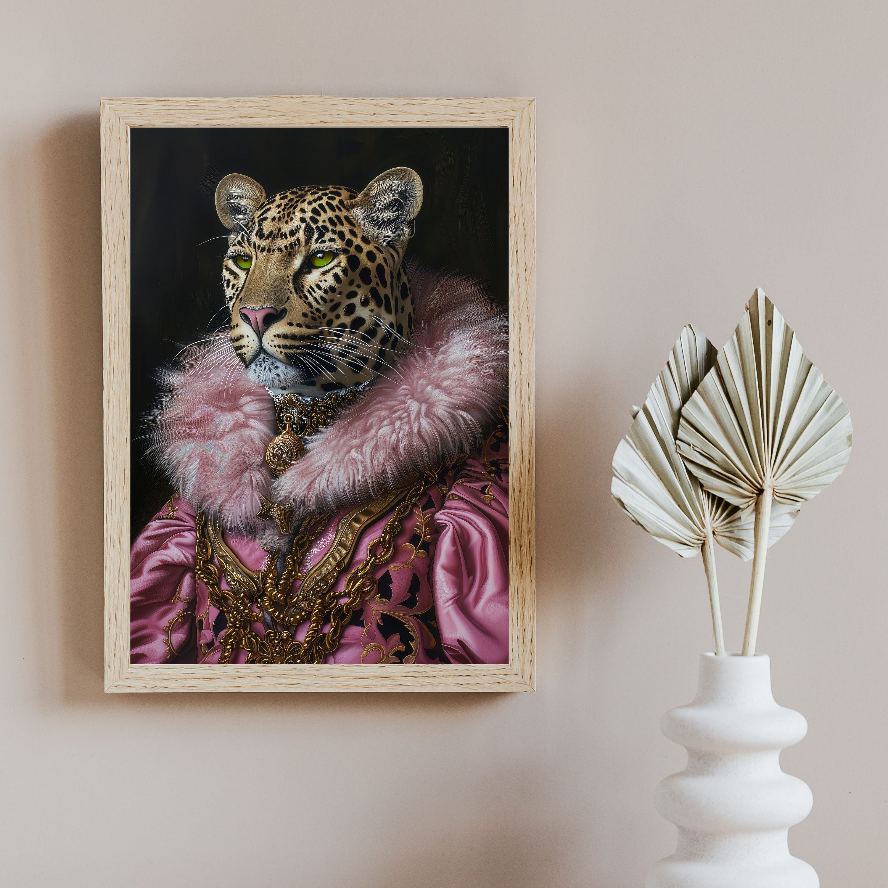 Leopard Rococo Portrait Print: Pink Renaissance Animal Wall Art - Etsy