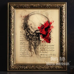 May include: A detailed anatomical illustration of a human skull with a red blood splatter effect. The skull is depicted as a mechanical structure with intricate details. The image is set against a vintage parchment background with text describing the skull's function.