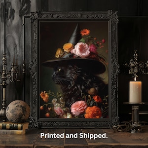 Black Cat Witch, Floral Art, Dark Academia Prints, Vintage Poster, Art Poster Print, Gothic Victorian, Wicca, Gothic  Home Decor