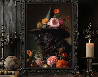 黒猫魔女アートプリント：ゴシック花柄ホームデコレーション