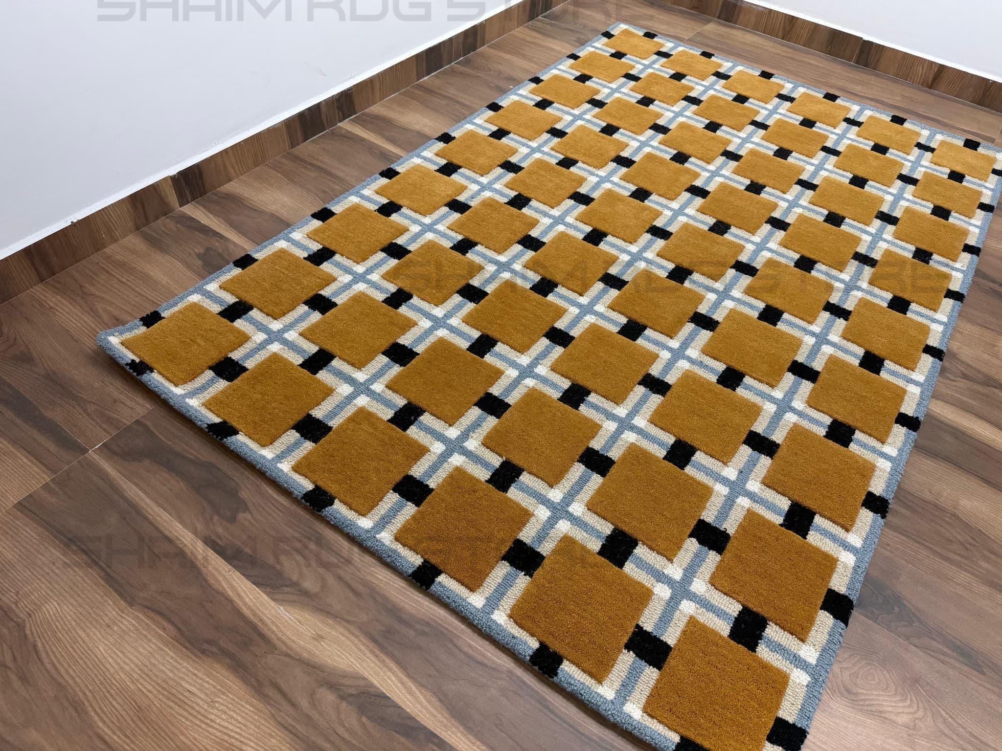 Hand Tufted Ochre & Blue With Black Lines Wool Rug|Modern Checkered Style Bedroom Kids Room Living Room Nursery Hallway Large Area Size Rug