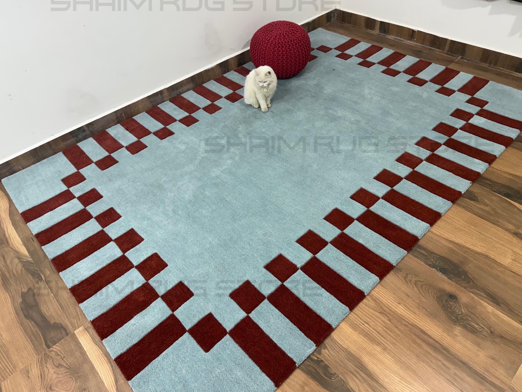 Hand-Tufted Blue Rug with Burgundy Border – Modern Geometric Wool Carpet for Living Room, Bedroom or Entryway – Custom Size Available Rugs