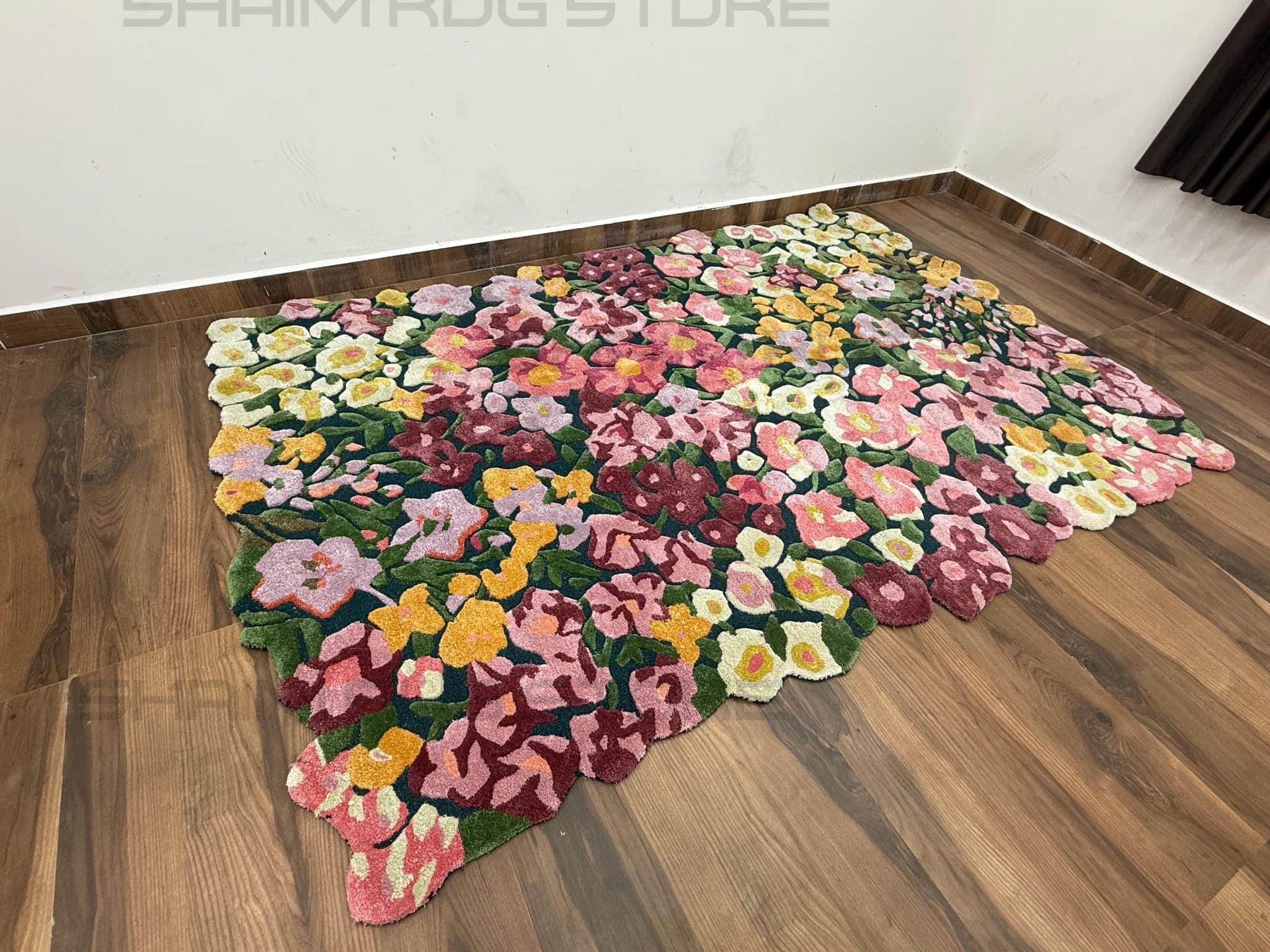 Handmade Multicolor Floral Rug Wool Viscose Irregular Flower Shaped Tufted Carpet, Colorful Botanical Art Rug for Living Room or Bedroom Rug