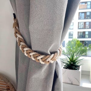 Jute & White Rope Curtain Tieback – Braided Curtain Holder, Boho Home Decor