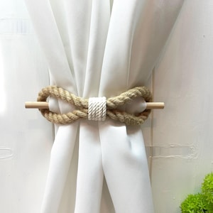 Tie For Curtains...Window Decoration..Jute Curtain Tie with Wooden Rod and White Rope - Natural Window Decor