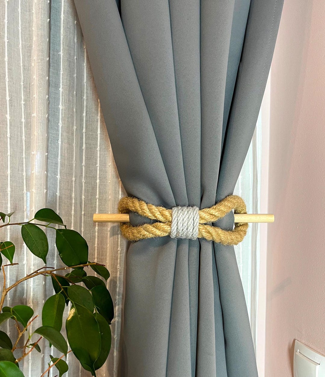 Curtain Holdback..beige Jute Rope Curtain Tieback With Gray Wrap and ...