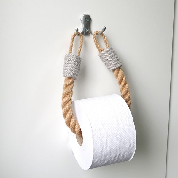 Toilet Paper Holder - Jute rope with Gray decor - Bathroom decor and accessories -Black,Silver,White,Bronze,Matte Silver,Gold Hook