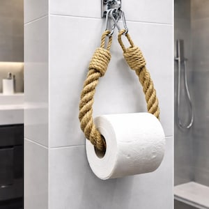 Rustic Jute Rope Toilet Paper Holder with Chrome Carabiners & Bracket