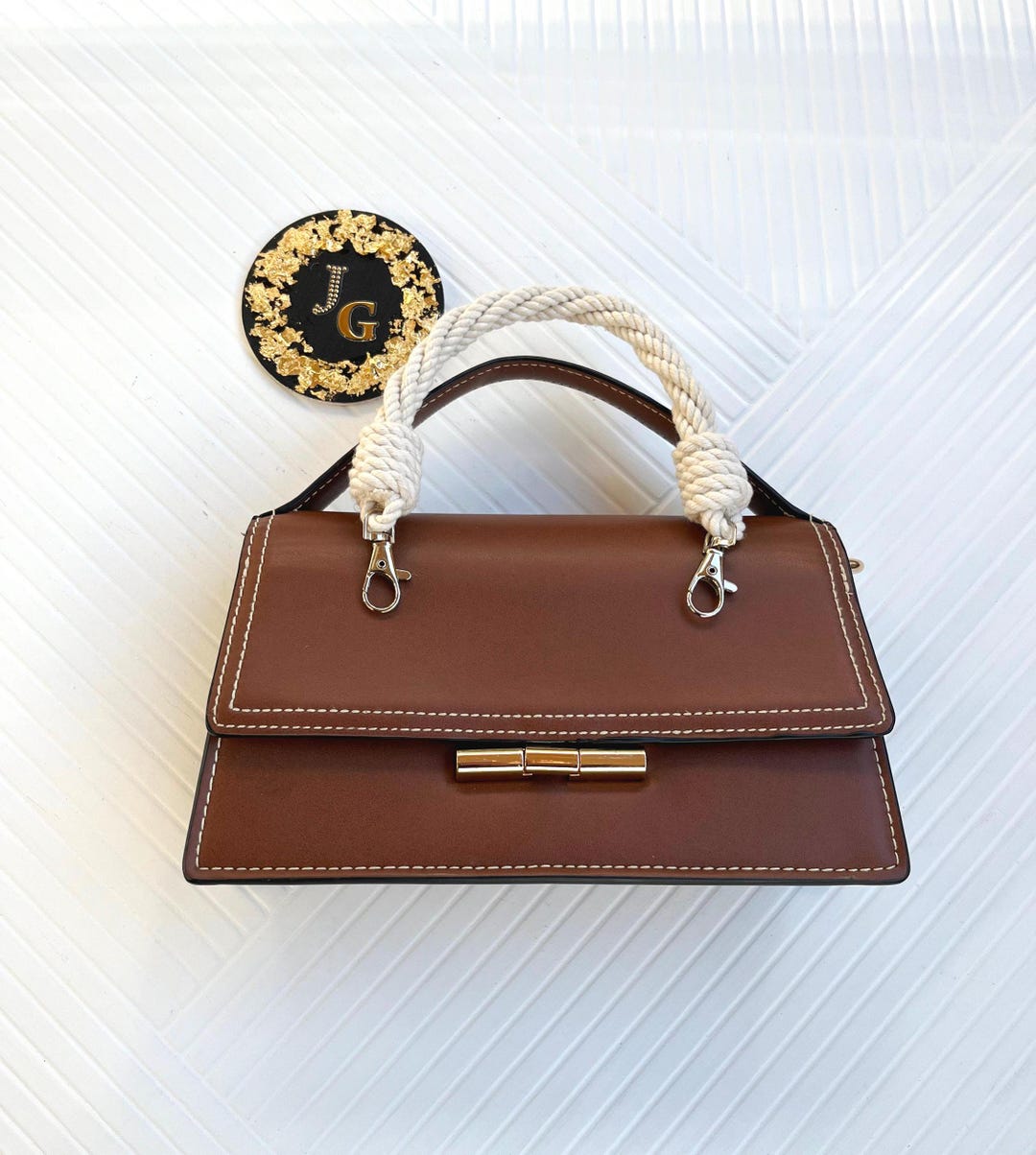 Taschenhenkel aus weißem Baumwollseil und Silber Karabiner