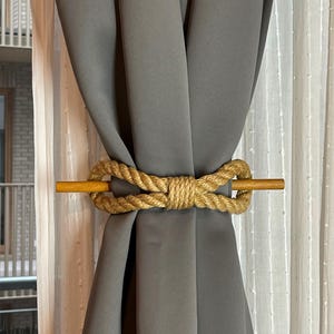 Curtain Holdback..Beige Jute Rope Curtain Tieback with Wooden Stick.. Rustic Natural Window Accessory