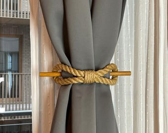 Fermatenda.. Fermatenda in corda di juta beige con bastone di legno.. Accessorio rustico naturale per finestra