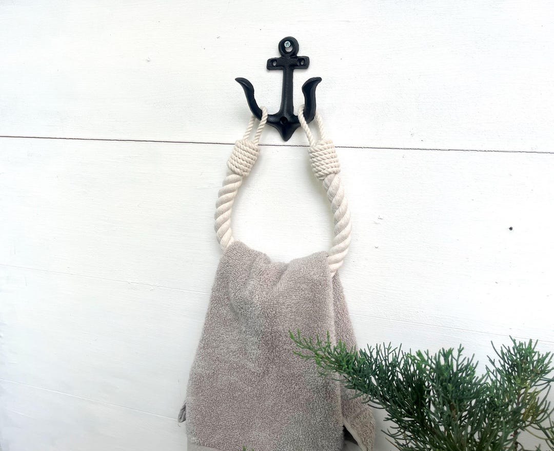 Nautical Rope Towel Holder With Black Anchor Hook: Coastal Bathroom ...