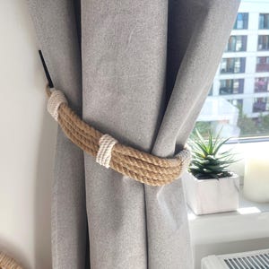 Jute Rope Curtain Tieback with White Detailing – Rustic Boho Decor Holder