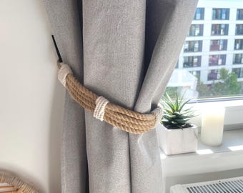 Jute Rope Curtain Tieback with White Detailing – Rustic Boho Decor Holder