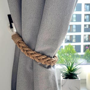 Braided Jute Curtain Tieback with White Rope Loops – Boho Rustic Curtain Holder