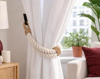 White Cotton Rope Curtain Tieback with Jute Accent – Handmade Curtain Holdback