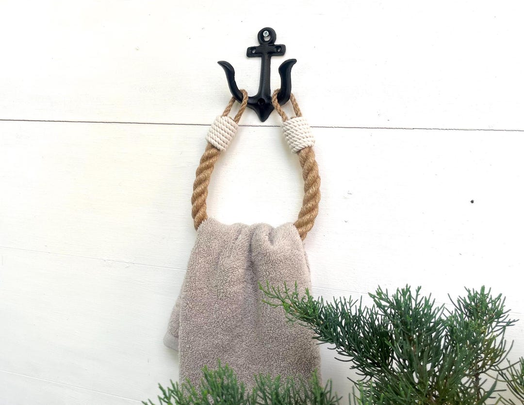 Jute Rope Towel Holder: Nautical Black Anchor Hook, Coastal Bathroom ...