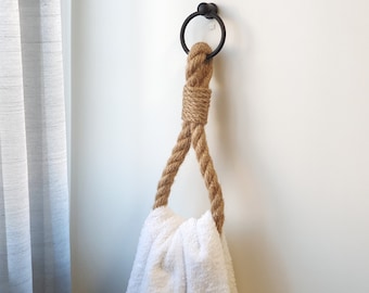 Rope towel holder -Storage towels - Jute Rack of bath or kitchen towels - Bathroom decor and accessories - Black Hardware and Jute Rope