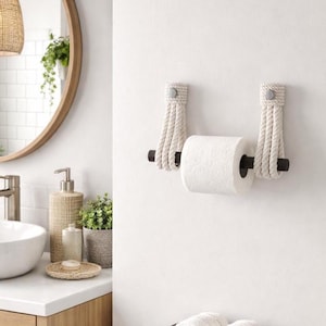 May include: A white rope toilet paper holder mounted on a white wall. The holder has two vertical rope sections with a black rod to hold the toilet paper roll. The bathroom fixture has a coastal or nautical theme.