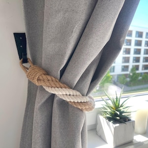 Jute and White Rope Curtain Tieback – Rustic Boho Window Holder