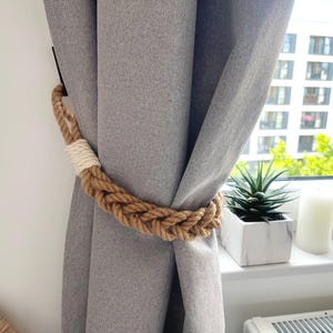 Braided Jute Rope Curtain Tieback with White Accent – Rustic Boho Holder