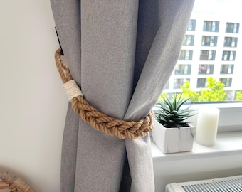 Braided Jute Rope Curtain Tieback with White Accent – Rustic Boho Holder