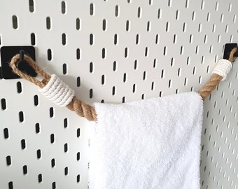 Porte-serviettes en corde avec crochet en métal - Support de serviettes de bain en jute - Accessoires de salle de bain - Fixation avec du ruban adhésif - Crochet noir