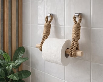 Toiletrolhouder jute touw | Beukenhouten deuvel, chroombevestiging, handgemaakt boho badkamerdecor