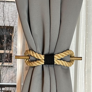 Curtain Holdback..Beige Jute Rope Curtain Tieback with Black Wrap and Wooden Stick.. Rustic Boho Accent for Natural Interiors