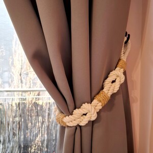 White Cotton Rope Curtain Tieback with Jute.. Knot Accents .. Coastal Chic Decor