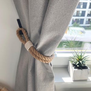 Jute Rope Curtain Tieback with White Cotton Accents – Rustic Boho Holder