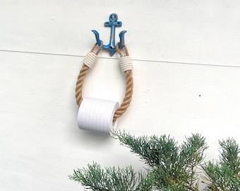 Nautical Jute Rope Toilet Paper Holder: Blue Anchor Coastal Decor