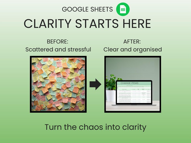 May include: An image promoting Google Sheets, showing a transition from scattered sticky notes to an organized spreadsheet on a laptop. Text reads "CLARITY STARTS HERE" and "Turn the chaos into clarity."