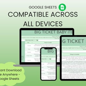 May include: A graphic showing a laptop, tablet, and smartphone displaying a Google Sheets document. The text reads "GOOGLE SHEETS COMPATIBLE ACROSS ALL DEVICES." The document title is "BIG TICKET BABY ITEMS." A green cloud graphic says "Instant Download Use Anywhere - Google Sheets."