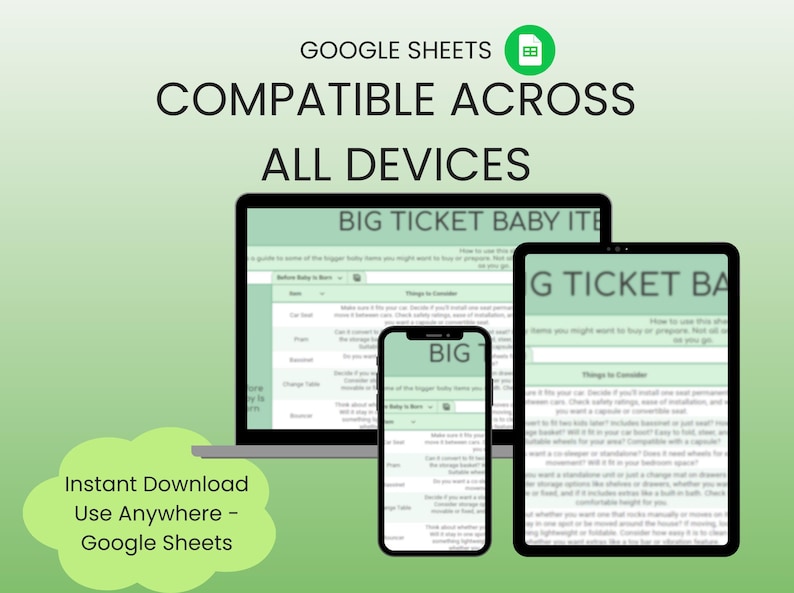 May include: A graphic showing a laptop, tablet, and smartphone displaying a Google Sheets document. The text reads "GOOGLE SHEETS COMPATIBLE ACROSS ALL DEVICES." The document title is "BIG TICKET BABY ITEMS." A green cloud graphic says "Instant Download Use Anywhere - Google Sheets."