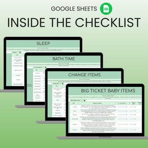 May include: Four laptops displaying Google Sheets checklists for baby items, including sleep, bath time, change items, and big-ticket items. The image has the text "Google Sheets" and "Inside the Checklist" at the top.