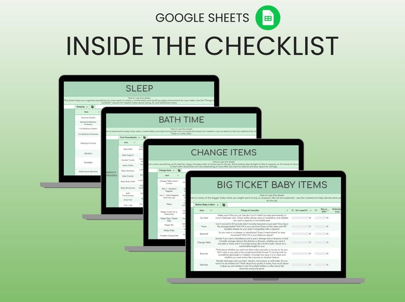 May include: Four laptops displaying Google Sheets checklists for baby items, including sleep, bath time, change items, and big-ticket items. The image has the text "Google Sheets" and "Inside the Checklist" at the top.