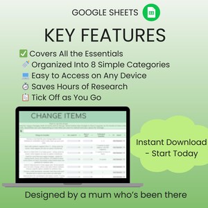 May include: A digital graphic promoting Google Sheets, featuring a laptop displaying a spreadsheet. Text highlights key features: covers essentials, organized into categories, easy access, saves research time. Includes "Instant Download - Start Today."