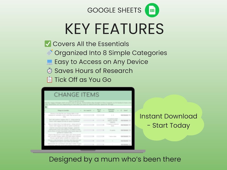 May include: A digital graphic promoting Google Sheets, featuring a laptop displaying a spreadsheet. Text highlights key features: covers essentials, organized into categories, easy access, saves research time. Includes "Instant Download - Start Today."