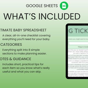 May include: A digital image promoting a baby spreadsheet checklist. The text reads "WHAT'S INCLUDED" with sections for the spreadsheet, categories, and notes. A tablet displays a baby gear buying guide.