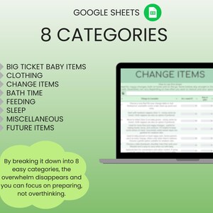 May include: A digital graphic from Google Sheets titled "8 CATEGORIES" with a laptop displaying a spreadsheet. The categories include baby items, clothing, and bath time. Text encourages focus on preparation.