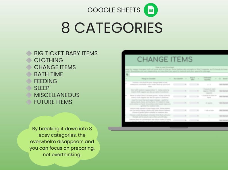 May include: A digital graphic from Google Sheets titled "8 CATEGORIES" with a laptop displaying a spreadsheet. The categories include baby items, clothing, and bath time. Text encourages focus on preparation.