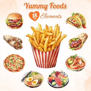 18 aquarel lekker eten, voedsel clipart, voedsel artwork, pizza clipart, hamburger clipart, nationale keuken bundel.