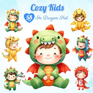 58 Aquarell gemütliches Kind im Drachenanzug, Jahr des Drachen, Kinder im Drachenkostüm, niedlicher Drache Kinder Bundle, Drache für Kinder.