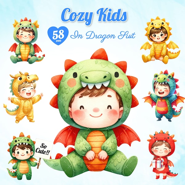 58 Watercolor Cozy Kid in Dragon Suit, Year of the Dragon, Kids in Dragon Costume, Cute Dragon Kids Bundle, Dragon for Kids.