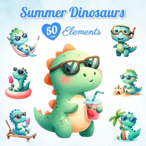 50 akwarelowych letnich dinozaurów, urocze dzieła sztuki z dinozaurami, letnie dzieła sztuki, sztuka dinozaurów w przedszkolu, wystrój o tematyce plażowej, letnia atmosfera, impreza plażowa z dinozaurami.